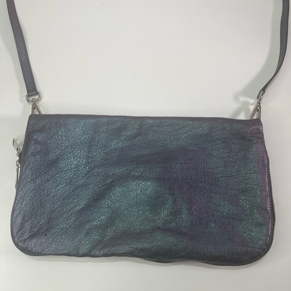 ORCIANI ITALY CROSSBODY TOTE BAG LEATHER SHIMMERING METALLIC BAG Y2K PURPLE - Picture 4 of 10